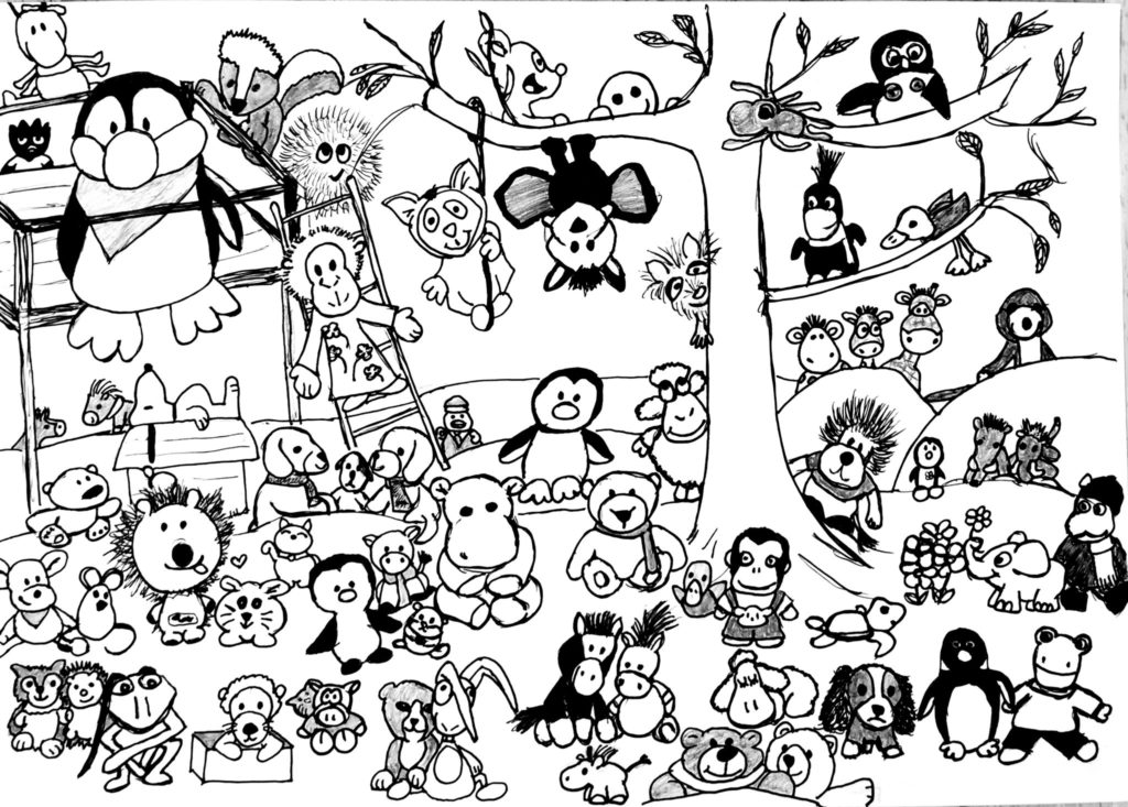 Die ganze Plüschie-Bande, gezeichnet von der Mama von @Flori_penguin